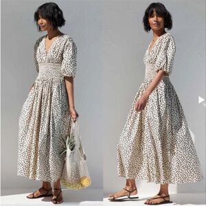 AYR The Extra Extra Ivory Black Puff Sleeves Smocked Polka Dot Midi Dress Sz Sm